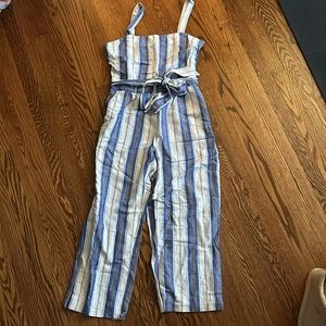 LOFT Blue White Striped Jumpsuit Linen Sz 6